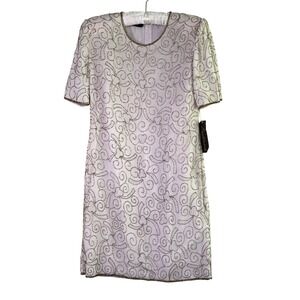 Landmark Vintage 80s 90s Beaded Silk Dress Cream Gold Silver NWT 1X Fits M L